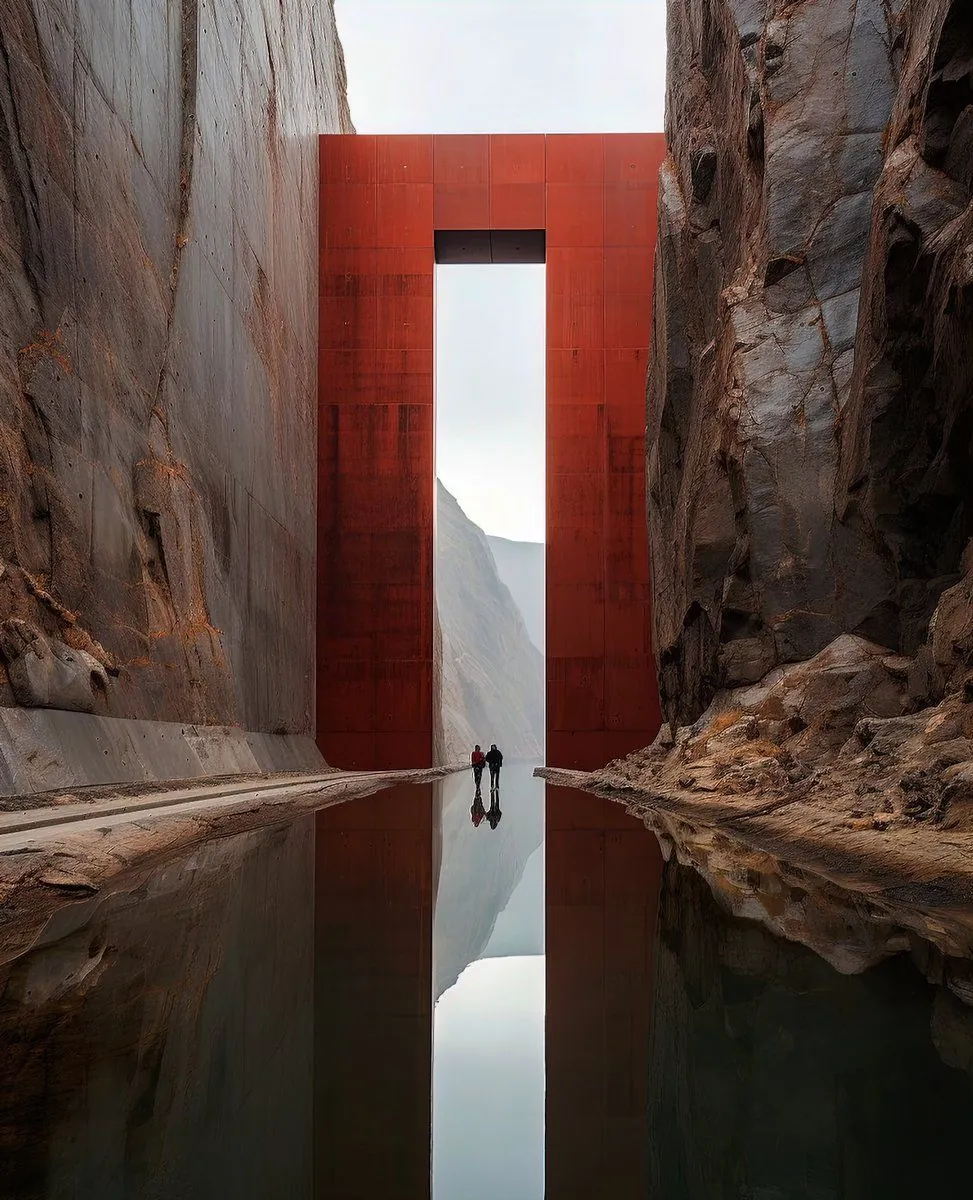 Portal vermelho entre paredes de pedra refletido na água